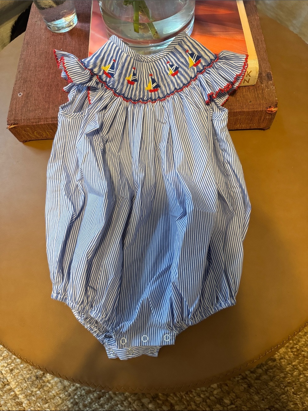 Smocked Stripe Girls' One-Piece Romper in Blue